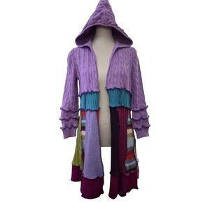 Bucura Patchwork Knit Hooded Cardigan Sweater Coat Purple Boho Fairycore S